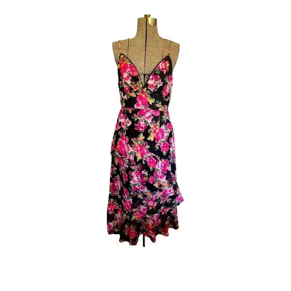 AQUA PINK FLORAL RUFFLED V NECK AND BACK MIDI DRESS SIZE MEDIUM NWT - Picture 2 of 10